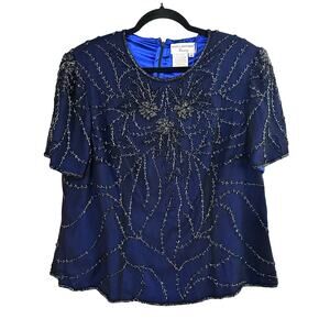 Vintage Adrianna Papell Boutique Evening Navy Blue Beaded Silk Dressy Top Sz 1X